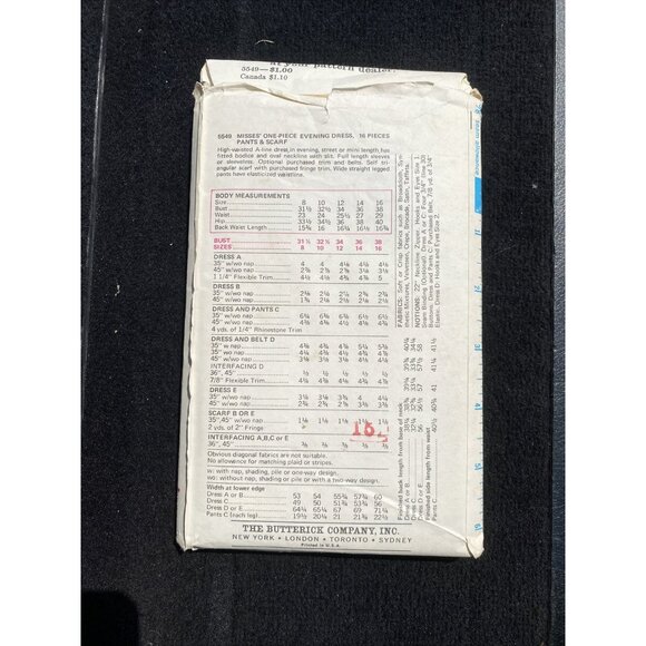 Butterick Pattern 5549 Misses One Piece Evening Dress Pants Scarf Size 8 Vintage - Picture 6 of 6